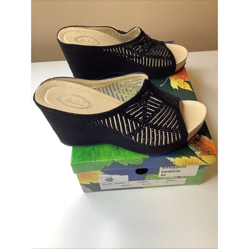 Italina Size 61/2 DW3098 Black High Wedge Embellished Slip On Sandals, Preloved